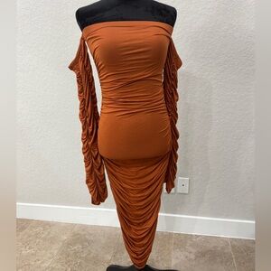 Rouched off the shoulder, long sleeved dress. NWOT
